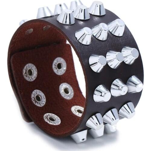 Punk Gothic Rock Jewelry for Men Women 3 Rows Spikes Rivet Cone Stud Charm Wide Leather Bracelet Wristbands Fashion Biker Bangle