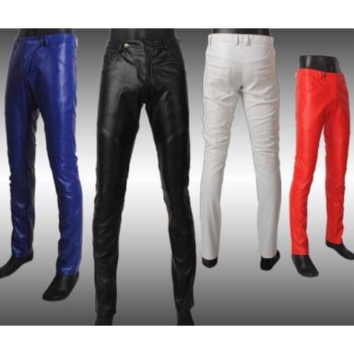 Splice faux leather pants mens feet pants fashion motorcycle tight pu trousers for men personality pantalon homme