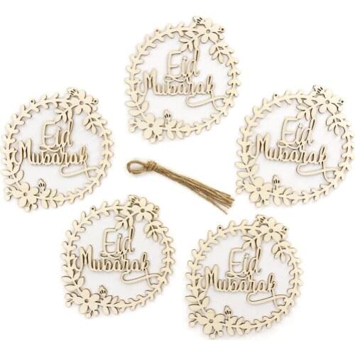 Wooden Eid Mubarak Wreath Hanging Pendant Plaque Ornament DIY Muslim Ramadan Islam Home Party Decoration Gift