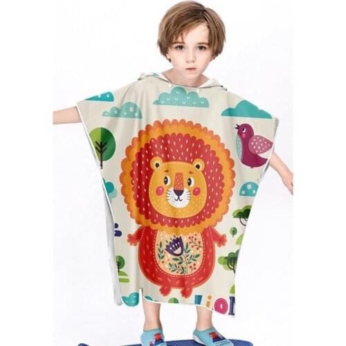 New Children Cute Cartoon Hooded Cloak Beach Towel Animal Lion Printed Microfiber Boys Girls Kids Swimming Bath Towel 120x60cm