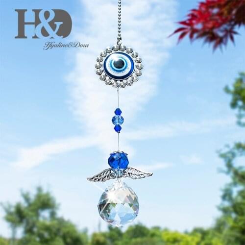 H&D Crystal Angel Suncatcher with Feng Shui Turkish Blue Evil Eye Protection and Good Luck Charm Gift Rainbow Home Garden Decor