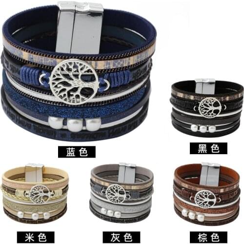 Punk Multilayer Pearls Charms PU Leather Wrap Bracelets for Women Trendy Fashion Wholesale Accessories Man Jewelry Gifts