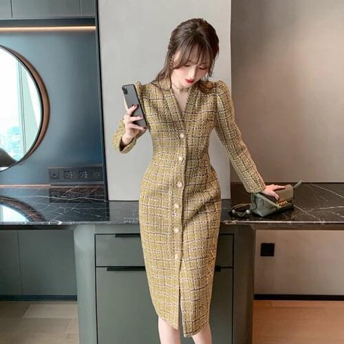 Fashion Single-breasted Plaid Classy Coat Dress Winter High-end Womens Elegant Wool Coat Slim Long Trench Ladies Coats Vestidos