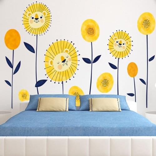 Cartoon PVC Wall Stickers Removable Lion Sunflowers Pattern Decals Kids Room Nursery Decoration Waterproof Posters