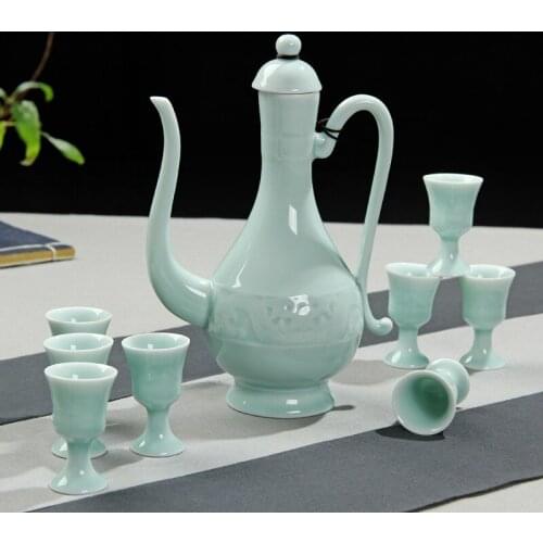 Celadon Liquor Ware Set Household Ceramic Wine Pot Rice Wine Small Goblets Liquor Divider Set One Pot Eight Cups liquor