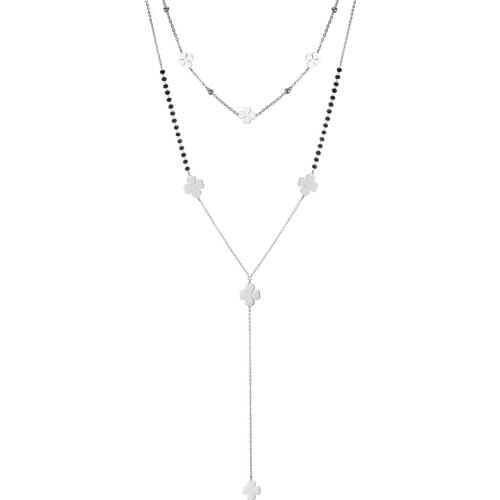 Stainless Steel Double Layer Long Chain Necklace For Women Small Four Leaf Clover Choker Long Necklace Party Trendy Jewelry 2021