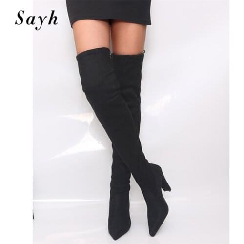 2020 New Thigh-High Boots For Women Elastic Knee-High Boots Pointy Toe Chunky Boots Skinny Sock Boots For Women Shoes SIZE PLUS