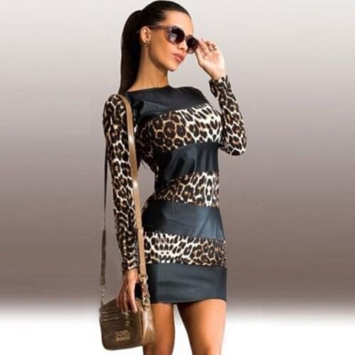 Autumn Women Sexy Leopard Print Contrast Color Dress Bodycon Slim Long Sleeve Women Dress Plus Size Fashion Bag Hip Dress