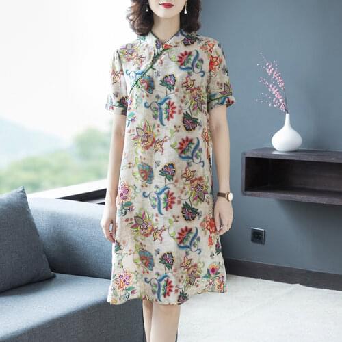Plus Size M-4XL Vintage Women Party Dresses Elegant Floral Print Chinese Cheongsam Dress Summer Ladies Mini Dress Vestidos