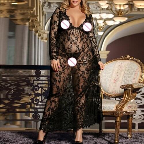 Plus Size Sexy Dress Women Fashion Tempting Black Lace Babydoll Night Dress Lingerie Erotic Transparent Hollow Vestido De Mujer