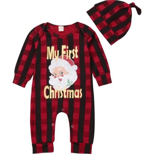 2PCS Newborn Baby Girls Boys Santa Claus Christmas Romper + Hat Jumpsuit Red Plaid Clothes Xmas Outfit