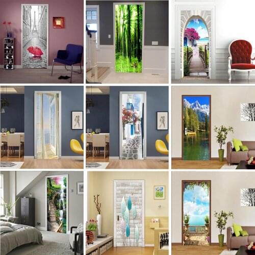 Self-adhesive Door Wallpaper Beach Sun 3D PVC Home Design Decoration Sticker Porte Scenery Poster Mural Wall Decals Room Decor