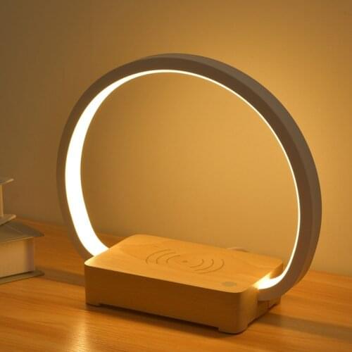 LED Wood Table Light Desk Lamp Modern Wireless Charging Press Control Dimmable Bedside Night Light for Bedroom Home Room-ABUX