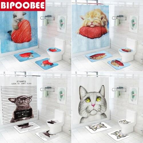 3d Cute Animal Shower Curtain with Hooks Funny Cat Love Dog Pattern Bathroom Non-slip Carpet Lid Toilet Cover Bath Mats Rug