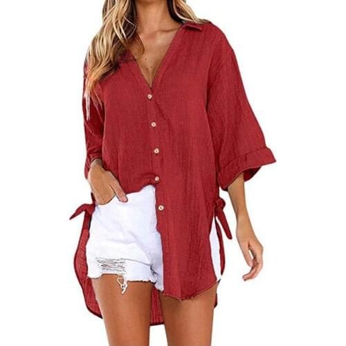 Women Fashion Summer Shirt Loose Casual Tops Female Clothes Plus Size All-Match Single Breasted V-Neck Knotted Solid Color Lapel