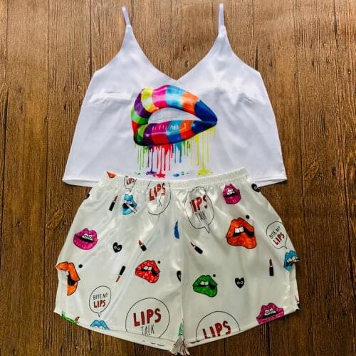 2021 Women Sexy Lips Print Pajamas Summer Female Loose Casual Silk Pyjama Homewear Spring Sleepwear Ladies Animal Cartoon Pijama