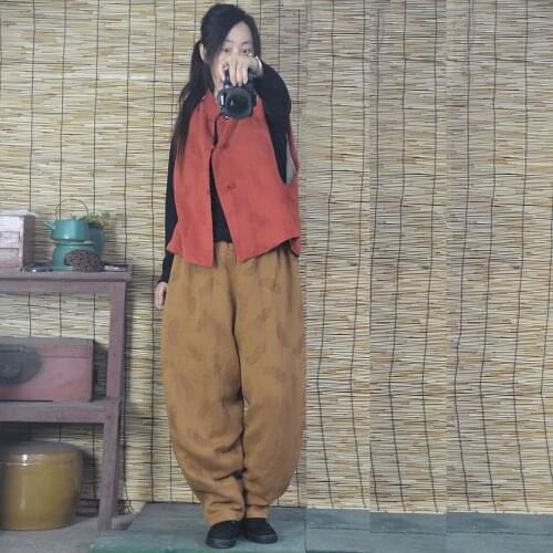 Women Autumn Winter Cotton Linen Jacquard Pants Ladies Loose Elastic Waist Plus Size Simple Vintage Flax Cotton Trousers Female