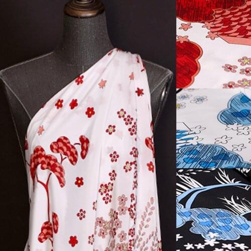 140CM 14MM Floral Print Red Blue Black Silk Crepe De Chine Fabric for Summer Dress Blouse Skirt Shirt Pants DE1420