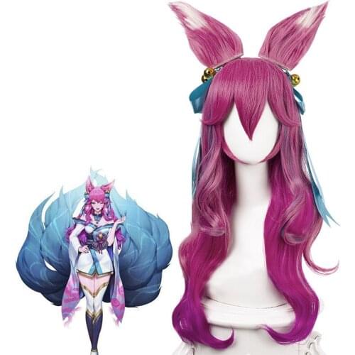 2020 New COS Women Game Hair Spirit Blossom Ahri Long Wig With Ears Headwear Cosplay Costume Heat Resistant Synthetic Girls