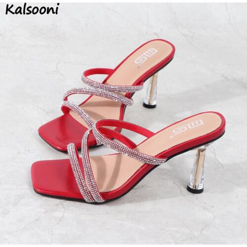 Kalsooni 2021 New SummerTransparent crystal heel High heel square toe slippers
