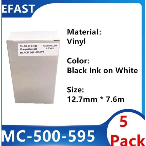 5 Pack MC 500 595 Vinyl Label Ribbon Black On white For BMP-41 BMP-51 BMP-53 PC Linked Printer 12.7mm * 7.6m