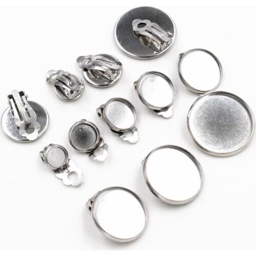 6/8/10/12/14/16/18/20mm 10pcs/lot Stainless Steel Material Ear Clips ,Earring Base Cameo Bezels Tray For Jewelry Supplies