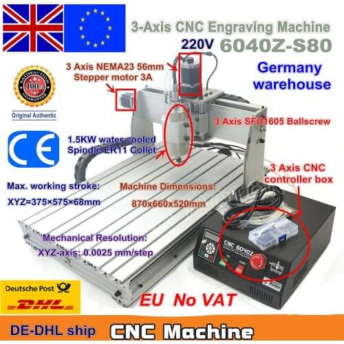 EU Ship free VAT 3 Axis CNC 6040 Z-S80 1.5KW 1500W Mach3 CNC Router Engraver Engraving Milling Cutting Machine 220V LPT port