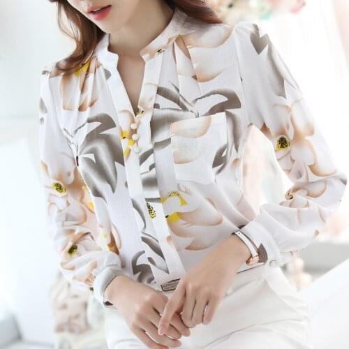 Blusas Mujer De Moda 2021 Long Sleeve Floral Print Chiffon Blouse Shirt Tops Women V-neck Office Ladies Tops Blouse Women A90