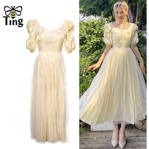 Tingfly Vintage Elegant Appliques Bell Yellow A Line Princess Dress Puff Sleeve Fitness Casual Midi Long Dress Vestidos Chic