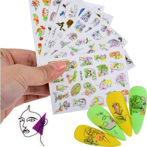 Hot! Abstract Lady Face Nail Decals 3D Adhesive Coloful Leaf Flower Nail Art Decoration Sticker Manicures Foils Decoration
