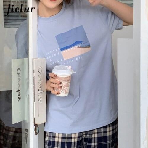 Jielur Summer Letter Printing Loose Short-sleeved T-shirts for Womens White Blue O-neck Casual Tops Female Short-sleeve Tshirt