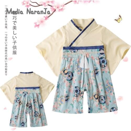 Boys spring autumn long-sleeved baby one-piece clothes blue and umbrella romper Japanese style printed kimono