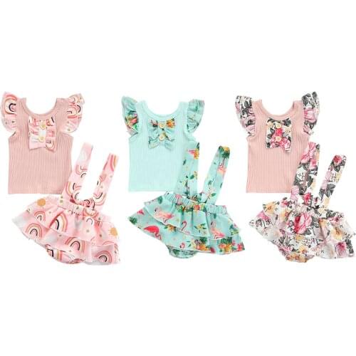 FOCUSNORM 0-18M Summer Cute Baby Girls Clothes Sets 2pcs Rainbow/Flowers Printed Ruffles Sleeve T Shirts Suspender Shorts