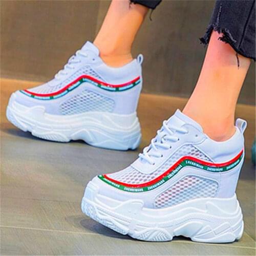 Summer Ankle Boots Womens Genuine Leather Platform Wedge High Heels Fashion Sneakers Creepers Party Pumps Round Toe Lace Up