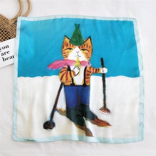 Small Square Scarf Cartoon Cute Print 53x53cm Vintage Paisley Bohemia Chiffon Silk Scarves Elegant Headband Bandana FJ454