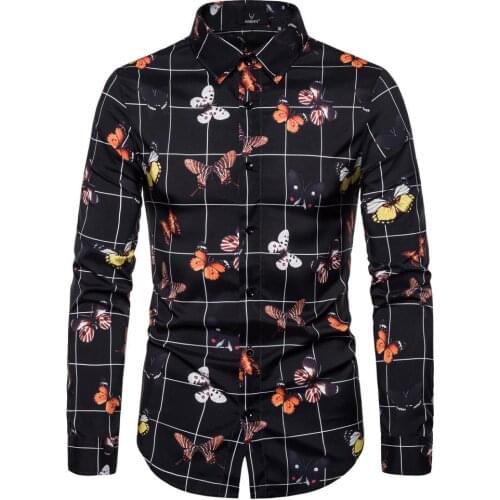 Fashion Butterfly Printed Shirt Men 2021 Brand Slim Fit Long Sleeve Mens Plaid Dress Shirts Party Wedding Tuxedo Shirt Male XXL