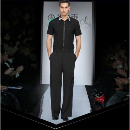 Mens Latin Dancing Clothes Male New Spring Black Short Sleeved Shirt Male Dance Adult Modern Dance Latin Dance Costume B-4232