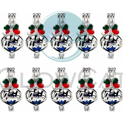 10x Enamel "Love" "Noel" Wishes Word Bowknot New Year Beads Cage Locket Pendant Essential Oil Diffuser Pearl Cage