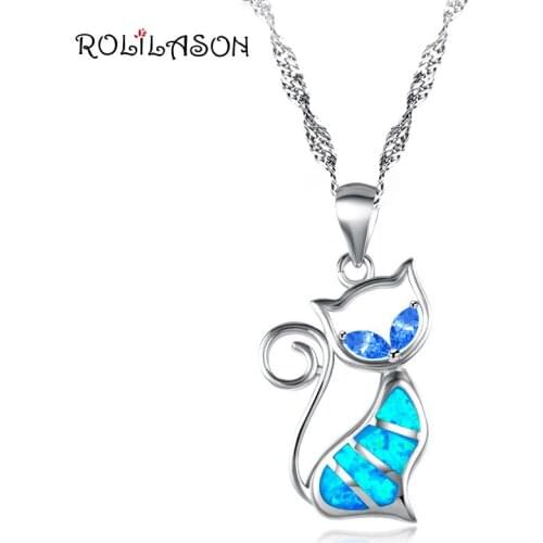 Wholesale Retail Designers Cat Blue fire Opal Fashion jewelry Silver Stamped Necklace Pendant Gifts for lady OP448