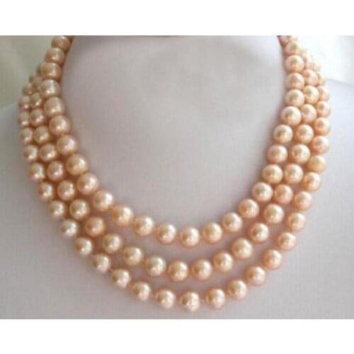 NEW 3 rows 8-9mm pink natural pearl necklace 17-19"