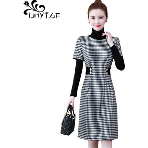 UHYTGF 5XL Plus size dress women fashion plaid splice autumn winter dress long sleeve pullover elegant lady Slim long dresses674