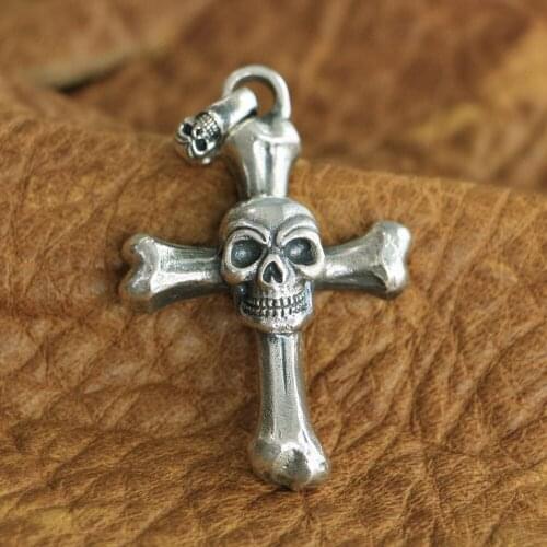 LINSION Huge 925 Sterling Silver Skull Cross Pendant Mens Biker Punk Pendant TA124