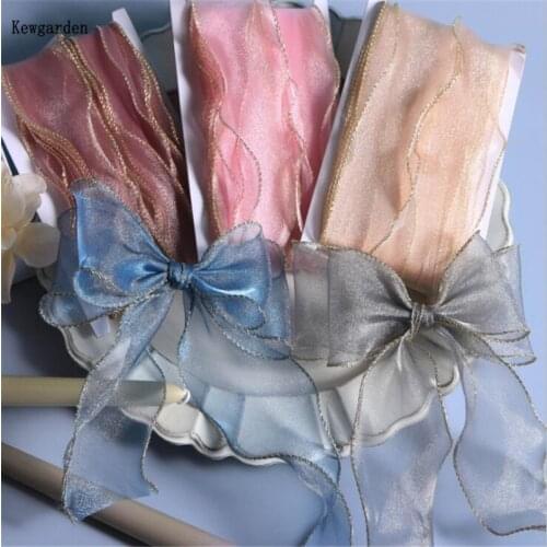 Kewgarden Gift Packing Riband Wavy Gold wire Overlock Organza Ribbon 1.5" 4cm 6cm Handmade Tape DIY Hairbow Accessories 20 Yards
