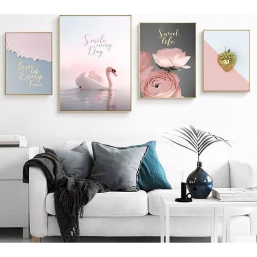 Scandinavian Fashion Poster Pink Rose Flower Nordic Style Wall Art Swan Canvas Print Painting Modern Living Room Decor Picture
