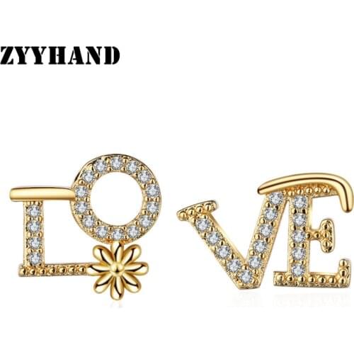 Golden LOVE Clean Stone Women Stud Earring Girl Flower Luxury Engagement Wedding Irregular AAAA Zircon Elegant Ear Jewelry