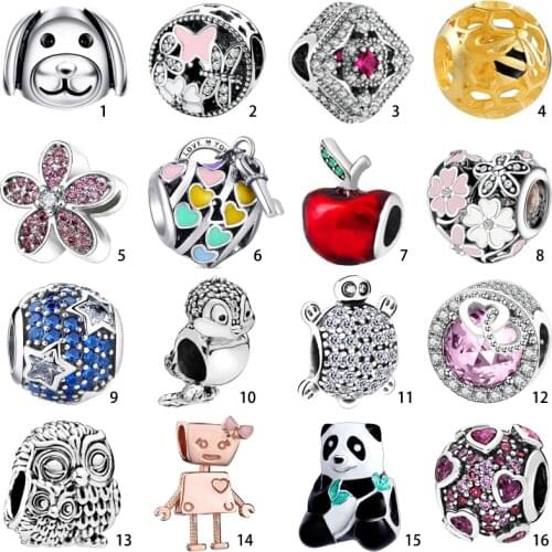 S925 Silver Charms Pendant Crystal Enamel Bird Apple Flower Bead Fit Original European Charms Bracelet Chain Bangles