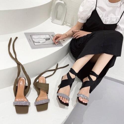 Rhinestone Women Sandals Cross Strap Summer Slides Thin High Heels Ankle Strap Lace Up 2021 Gladiator Party Pumps Shoes Woman 39