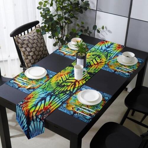 Tie-Dye Ethnic Blue Watercolor Color Table Runner Placemats Set Country Wedding Table Decoration for Kitchen Home Dining Holiday