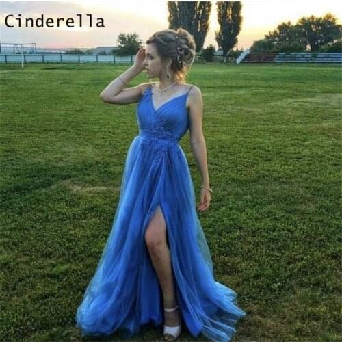 Cinderella Blue Color V-Neck Spaghetti Straps A-Line Side Slit Lace Applique Evening Dresses vestidos de fiesta de noche