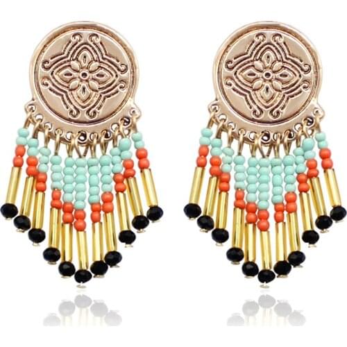 Vintage Carved Disc Color Beads Tassel Earrings Bohemia Beach Jewelry Ethnic Handmade Exquisite Women Fashion Jewelry Gifts